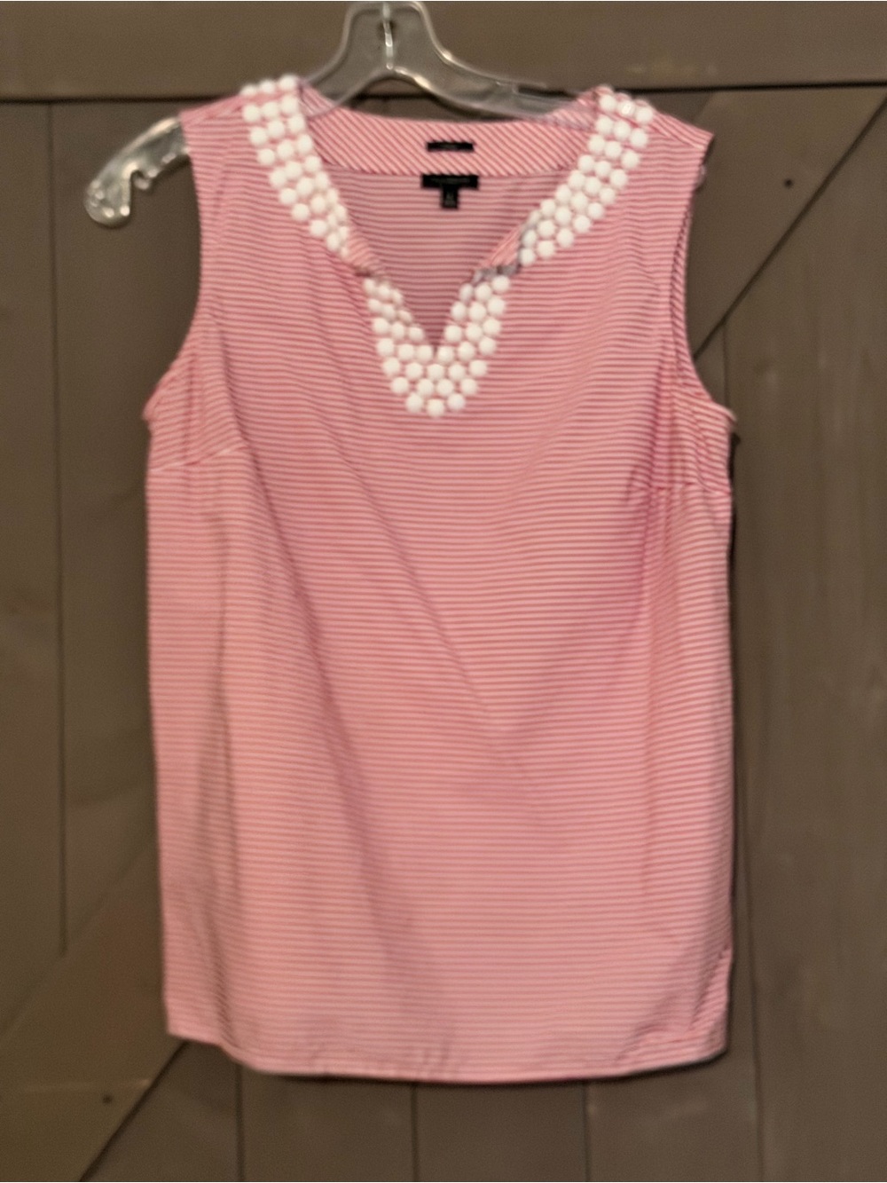 Talbots Pink Striped Sleeveless Tank with White Beaded V-Neck
